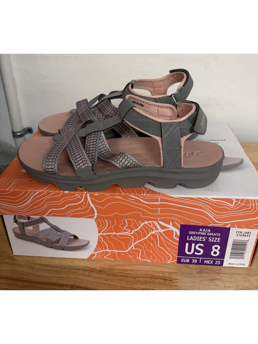 JSport Kaia Sport Sandals Grey/Pink Adjustable Straps NIB - Size 8